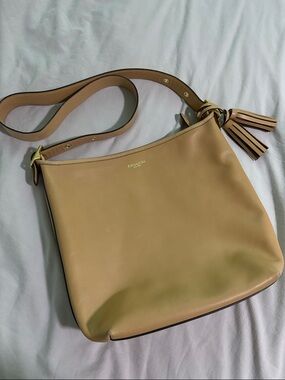 Coach Beige Leather Shoulder Bag with Tassel Accent